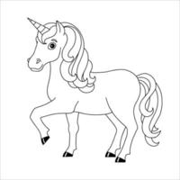 jolie licorne. cheval de fée magique. page de livre de coloriage pour les enfants. style de bande dessinée. illustration vectorielle isolée sur fond blanc. vecteur