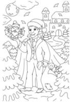 comptez dracula avec des cadeaux de noël. page de livre de coloriage pour les enfants. personnage de style dessin animé. illustration vectorielle isolée sur fond blanc. vecteur