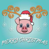 carte de noël dessin animé tête de cochon mignon. porter un chapeau et un noël drôle. vecteur