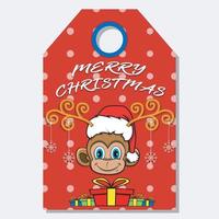 joyeux noël bonne année étiquette d'étiquette dessinée à la main avec un joli design de personnage de tête de singe. vecteur