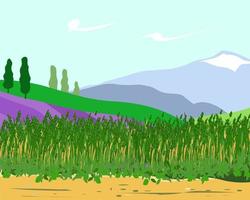 paysage avec de l'herbe des champs et des montagnes en arrière-plan vecteur