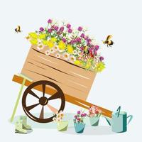 chariot de jardin avec fleurs et outils de jardin vecteur