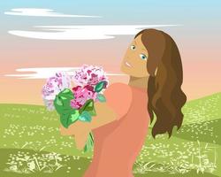 une fille avec un gros bouquet de fleurs dans un pré ou dans un parc vecteur