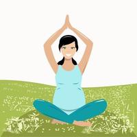 Heureuse femme enceinte faisant du yoga dans le parc vecteur