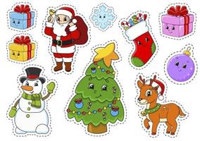 ensemble d'autocollants avec des personnages de dessins animés mignons. thème de Noël. dessiné à la main. pack coloré. illustration vectorielle. collection de badges de patch. éléments de conception d'étiquettes. pour planificateur quotidien, agenda, organisateur. vecteur