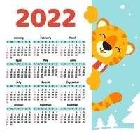 calendrier pour 2022 avec un joli symbole de tigre de la nouvelle année. design amusant et lumineux. illustration vectorielle de couleur isolée. style de bande dessinée. vecteur