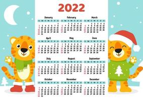 calendrier pour 2022 avec un joli symbole de tigre de la nouvelle année. design amusant et lumineux. illustration vectorielle de couleur isolée. style de bande dessinée. vecteur