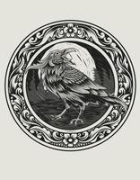 illustration, vecteur, corbeau, oiseau, à, vendange, gravure, ornement vecteur