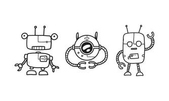 jeu de dessin animé drôle de robots futuristes isolé sur fond blanc. illustration de robot incolore mignon dessinés à la main dans la conception de vecteur. vecteur