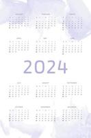 Modèle de calendrier 2024 sur fond violet lilas dessiné à la main avec des coups de pinceau aquarelle. conception de calendrier pour l'impression et le numérique. la semaine commence le dimanche vecteur