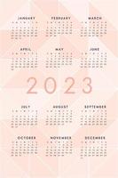 Modèle de calendrier 2023 avec triangles rose pêche translucides. conception de calendrier tendance pour l'impression et le web. la semaine commence le dimanche vecteur