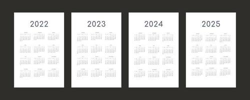 Modèle de calendrier individuel 2022 2023 2024 2025 dans un style tendance minimaliste. la semaine commence le dimanche vecteur