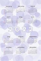 Modèle de calendrier 2022. abstrait violet lavande format vertical avec tache blob spot dessiné à la main. conception de calendrier pour l'impression et le numérique. la semaine commence le dimanche vecteur