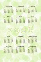 Modèle de calendrier 2026. format vertical vert lime abstrait avec tache blob spot dessiné à la main. conception de calendrier pour l'impression et le numérique. la semaine commence le dimanche vecteur
