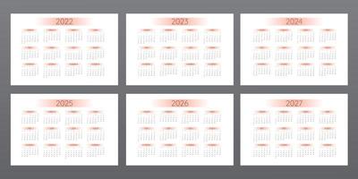 Calendrier 2022 2023 2024 2025 2026 2027 dans un style minimaliste avec des éléments de dégradé orange. la semaine commence le dimanche vecteur