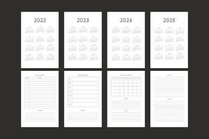 Calendrier 2022 2023 2024 2025 et modèle d'agenda de planificateur personnel mensuel hebdomadaire quotidien. calendrier mensuel calendrier individuel design minimaliste pour ordinateur portable professionnel vecteur