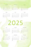 Modèle de calendrier 2025 sur fond vert chartreuse avec des coups de pinceau aquarelle dessinés à la main. conception de calendrier vertical pour l'impression et le numérique. la semaine commence le dimanche vecteur