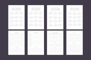 Calendrier 2022 2023 2024 2025 et modèle d'agenda de planificateur personnel mensuel hebdomadaire quotidien. calendrier mensuel calendrier individuel design minimaliste pour ordinateur portable professionnel