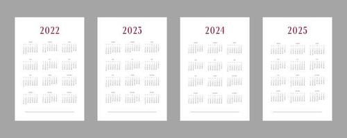 Modèle de calendrier individuel 2022 2023 2024 2025 dans un style tendance minimaliste. la semaine commence le dimanche vecteur