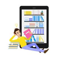 concept de micro-apprentissage. ensemble de livres dans la bibliothèque en ligne sur tablette et illustration vectorielle de dessin animé personnage design. vecteur