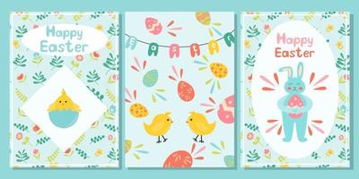 ensemble de carte de voeux pour les bannières de pâques avec poulet lapin de pâques et illustration vectorielle plane motif floral vecteur