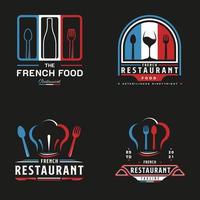 logo de restaurant de cuisine française. symbole du drapeau français avec des icônes de cuillère, fourchette et bouteille de vin vecteur