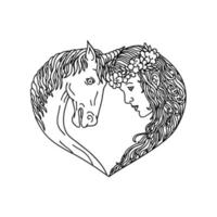dessin en forme de coeur de licorne et de jeune fille vecteur