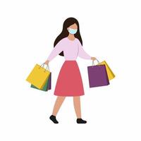 fille plate dans un style simple est livrée avec des colis du magasin. une femme dans un masque médical avec shopping. promotion, vente, meilleure offre. vecteur