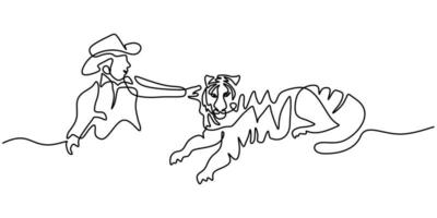 dessin continu d'une ligne de cow-boy et de gros tigre vecteur