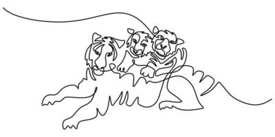 dessin continu d'une ligne de grande maman tigre avec ses enfants vecteur