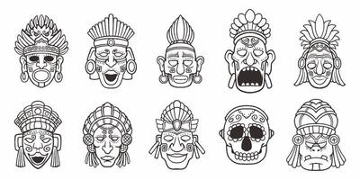 ensemble de symboles de visages maya dessinés à la main isolés sur fond blanc. vecteur