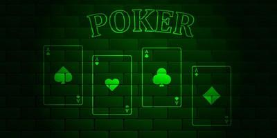 mur de briques vert foncé avec poker de texte brillant et cartes à jouer. as de tous les horizons. illustration vectorielle. vecteur
