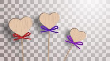 coeurs en bois sur des bâtons avec de beaux arcs rouges et violets sur fond transparent. ornements décoratifs. illustration vectorielle vecteur