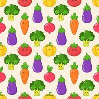 modèle sans couture de légumes kawaii mignons. fond d'emoji de légumes de dessin animé. illustration vectorielle plane. vecteur