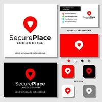 icône de localisation et création de logo de sécurité avec modèle de carte de visite.