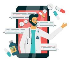 homme médecin en ligne sur smartphone, messagerie maladie, illustration vectorielle dans un style plat. consultation avec un thérapeute sur internet vecteur