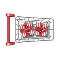 Panier de supermarché rouge avec boîte-cadeau sur la vue de dessus, illustration vectorielle vecteur