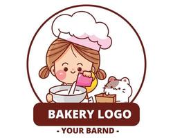 illustration d'art de dessin animé dessinés à la main maison logo boulangerie jolie fille vecteur