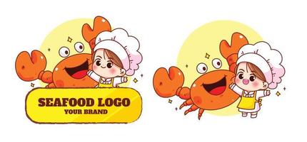 mignon chef et crabe fruits de mer logo mascotte personnage nourriture restaurant dessin animé vecteur