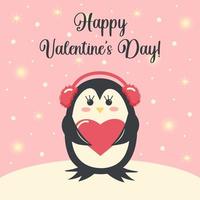 le pingouin dans les écouteurs d'hiver tient un coeur. joyeux lettrage de la Saint-Valentin. vecteur