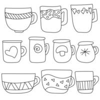 ensemble de tasses et tasses confortables doodle avec un décor simple et mignon, page de coloriage anti-stress avec des ustensiles vecteur