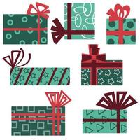ensemble de coffrets cadeaux dans des tons verts et rouges avec des arcs en papier d'emballage avec des motifs, des cadeaux de noël vecteur