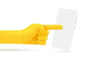 main humaine de dessin animé mignon appuyant sur un écran de téléphone portable. maquette de vecteur 3D
