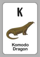 flashcards pour l'éducation de l'alphabet des animaux - k pour le dragon de Komodo vecteur