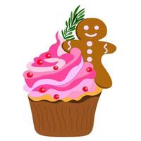 biscuit muffin, cupcake à la crème rose, décoré de pain d'épices au miel et d'une branche de romarin. vecteur