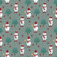 un motif avec des personnages de neige dans un chapeau rouge. un bonhomme de neige avec de la glace et une guirlande. fond textile mignon avec arbre de Noël. Bonne année et joyeux Noël. illustration vectorielle vecteur