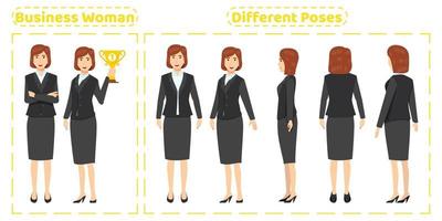 jeu de caractères de femme d'affaires avec différentes poses vue de face arrière avec création d'animation d'expressions faciales joyeuses vecteur