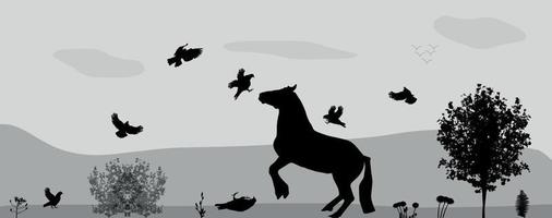 combattre les chevaux et les oiseaux dans la nature. illustration vectorielle. vecteur