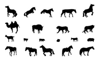 silhouette d'animaux sauvages et domestiques. noir et blanc. vecteur