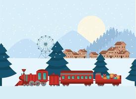 paysage de neige avec train de noël vecteur